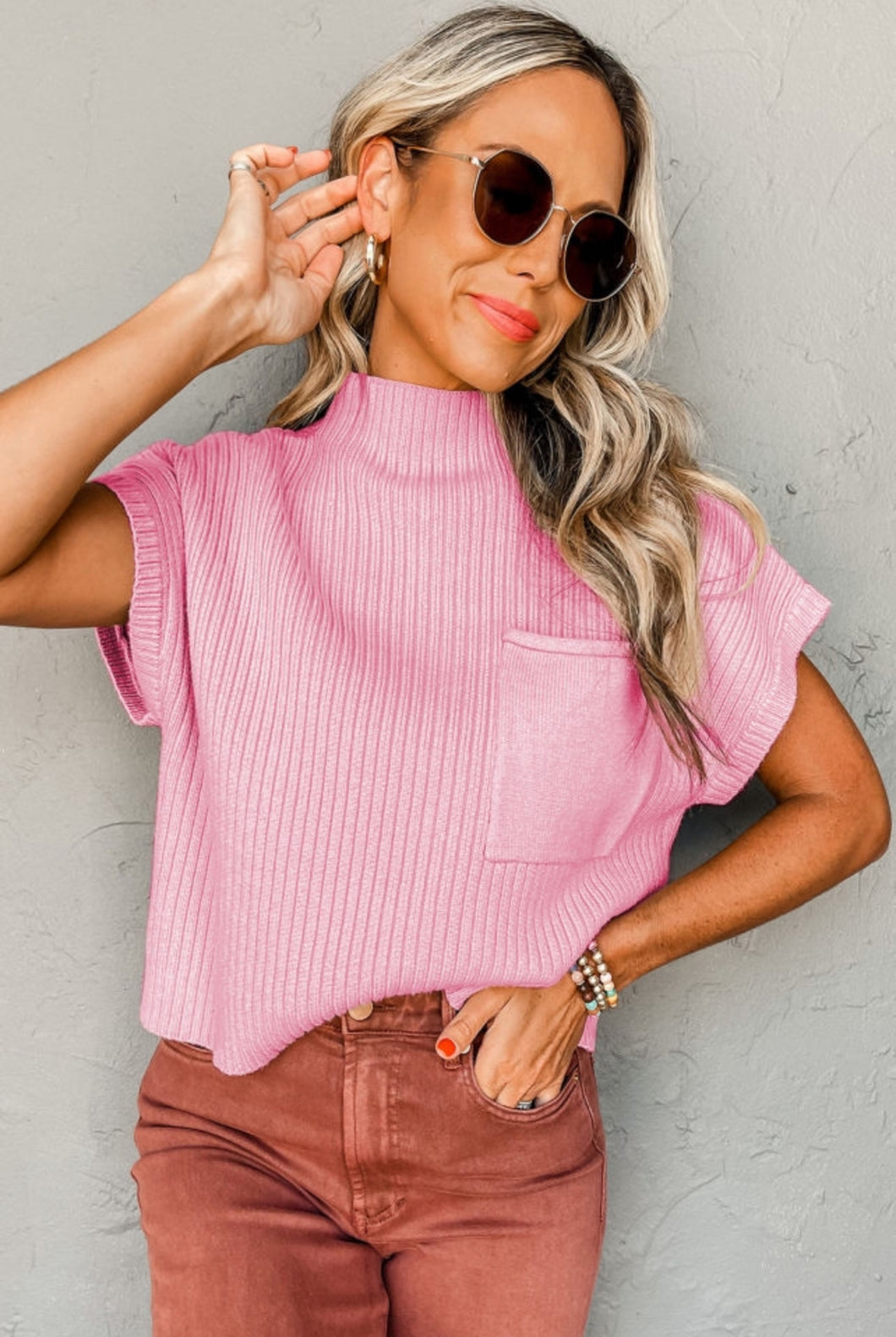 Pink Patch Pocket Ribbed Sweater